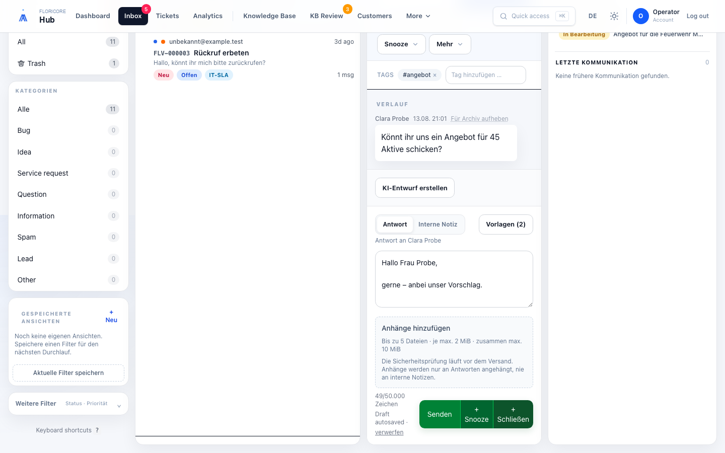 FloriCore Hub mit vorbereitetem Antwortentwurf
