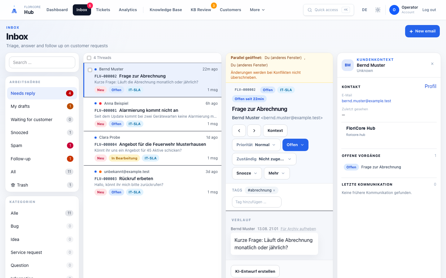 FloriCore Hub Inbox mit geöffnetem E-Mail-Vorgang und Kundenkontext